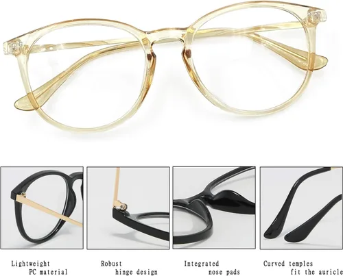 Vista 3 de Kursan Lentes falsos de lente transparente sin receta para mujeres y hombres, lentes redondos retro con marco de metal