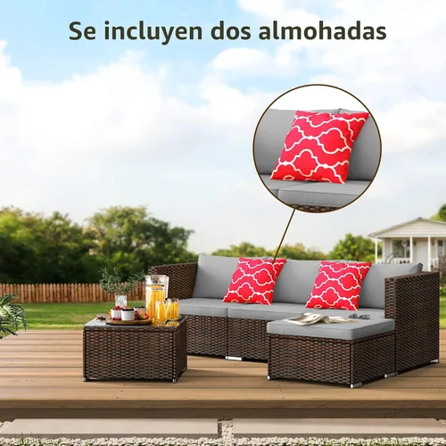 Vista 4 de Qsun Juego de sofá de patio al aire libre, sofá de conversación seccional de ratán de polietileno con una mesa de centro de cristal para patio Ratán
