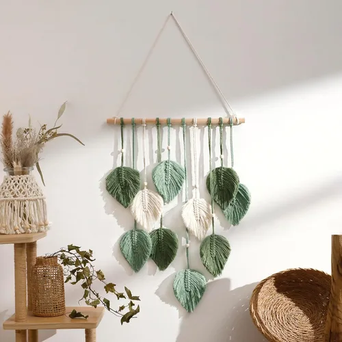 Vista 11 de Tapiz de hojas de macramé para decoración de pared, tapices tejidos bohemios, arte de pared de hojas de otoño, grandes borlas bohemias, adorno