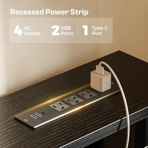 Vista 4 de Huuger Escritorio para computadora de 47 pulgadas con 4 cajones, escritorio para juegos con luces LED y tomas de corriente, escritorio de oficina