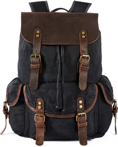 Vista 7 de HuaChen Mochila vintage de lona encerada con solapa de cuero genuino, mochila de viaje y trabajo, resistente al agua con bolsillo antirrobo, grande