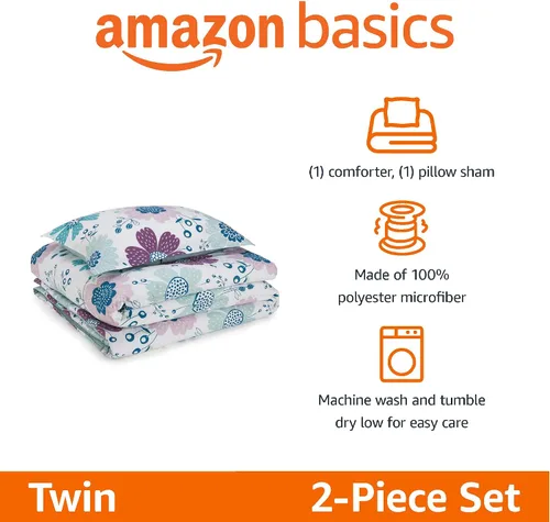 Vista 2 de Amazon Basics Juego de edredón y fundas de almohada para niños de microfibra suave para todas las estaciones, 2 piezas, tamaño individual, flores