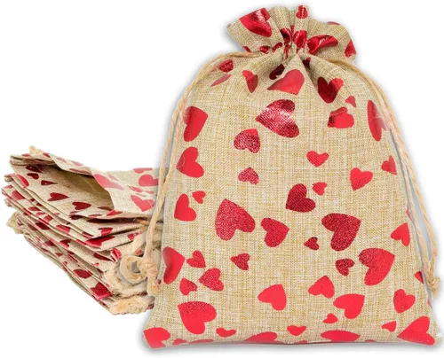 Vista 5 de 48 paquetes de 3x4 bolsas de regalo reutilizables de yute y arpillera con cordones (Feliz Navidad, X-Pequeño) - para regalos, favores de fiesta