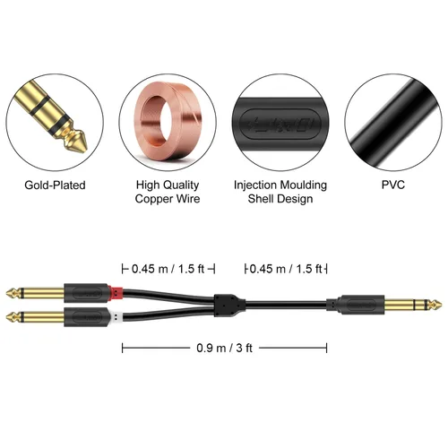 Vista 3 de J&D Cable divisor TRS a Dual TS Y de 1/4 de pulgada, chapado en oro de 0.250 in estéreo macho a 2 macho mono macho para interfaz de audio