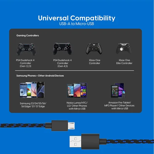 Vista 5 de TALK WORKS PS4 Controller Charging Cable for Playstation 4 - Long 10 Heavy Duty Braided Micro USB Cord Charger Cord for Sony - Black Pack of 2