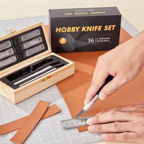 Vista 5 de Headley Tools Precision Craft - Juego de cuchillos para pasatiempos (38 piezas) con baúl de madera, cuchillos afilados para álbumes de recortes