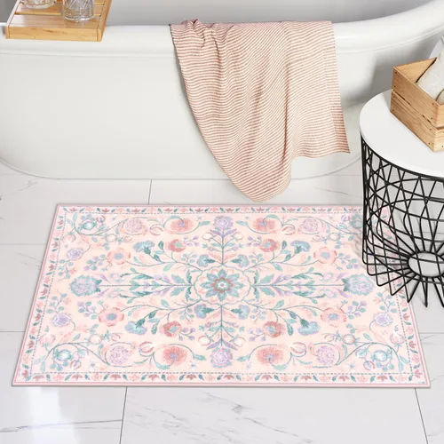 Vista 16 de Uphome Alfombra de baño bohemia con diseño floral beige, ultra suave, antideslizante, vintage, lavable a máquina, alfombra de baño floral para baño