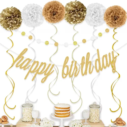 Vista 3 de KOKAR Decoraciones doradas de feliz cumpleaños: pancarta dorada de feliz cumpleaños, pompones de papel, remolinos colgantes y guirnalda de puntos