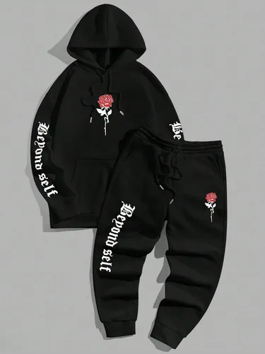 Vista 4 de GORGLITTER Conjunto deportivo de 2 piezas para hombre, sudadera con capucha y estampado de letras florales