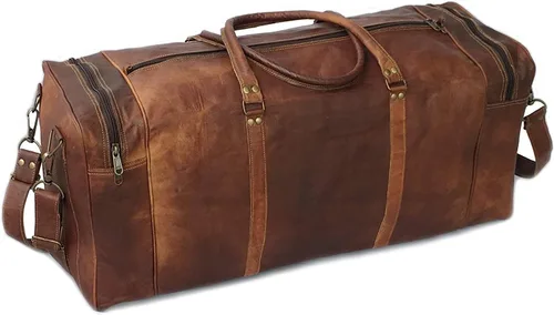 Vista 4 de KK's - Bolsa de viaje de cuero vintage, hecha a mano, elegante y duradera, ideal para gimnasio, viajes, bolsa de viaje de cuero genuino, remaches