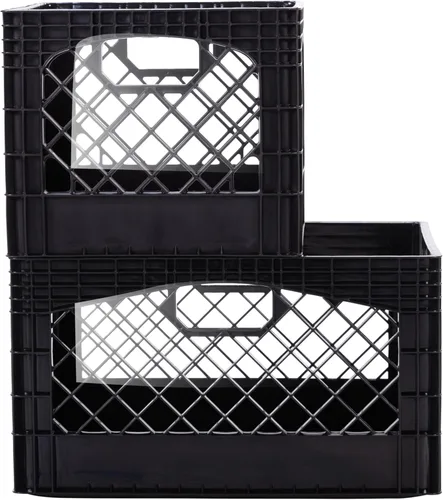 Vista 11 de Caja rectangular de plástico para almacenamiento tipo crate para leche con asas, organizador apilable de 24 cuartos de galón para garaje, hogar
