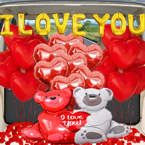 Vista 7 de Juego de globos y globos de aniversario, kit romántico de globos de corazón con rosa roja, decoraciones de aniversario para boda, confesión
