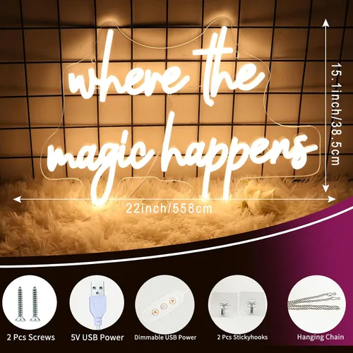 Vista 3 de Letrero de neón con texto en inglés "Where The Magic Happens" para decoración de pared, letras alimentadas por USB, para dormitorio, decoración