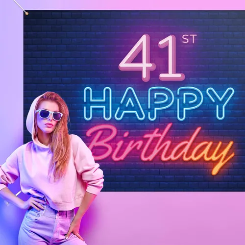 Vista 3 de Cartel de fondo de neón brillante con texto en inglés «Happy 41st Birthday», decoración temática de fiesta de cumpleaños de 41 años para hombres