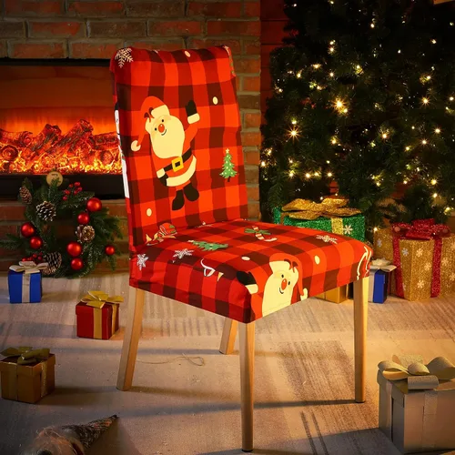 Vista 5 de Macarrie Juego de fundas elásticas para sillas de Navidad, fundas protectoras para sillas estampadas, lavables, elásticas, a cuadros rojos y negros