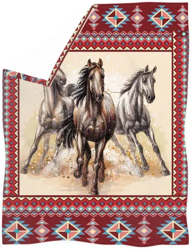 Vista 2 de CLOHOMIN Manta de animales de caballo nativo americano para cama, sofá, viajes, azteca, navajo, silla de montar del suroeste, manta de felpa