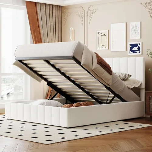 Vista 4 de Bellemave Cama de plataforma tapizada de tamaño matrimonial con almacenamiento hidráulico de elevación, base de cama matrimonial tapizada con Beige