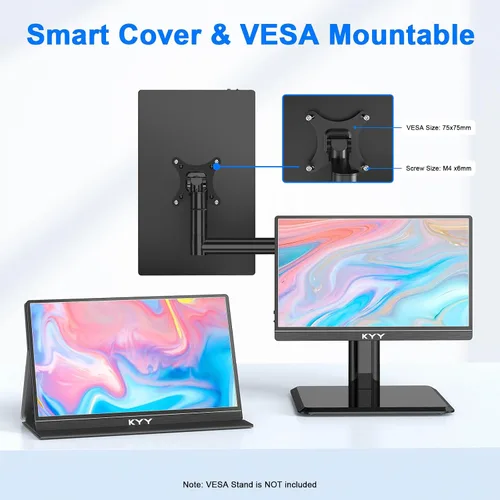 Vista 4 de KYY Monitor portátil para laptop, monitor de viaje FHD 1080P de 14 pulgadas, pantalla de juegos USB-C y HDMI con soporte VESA y cubierta