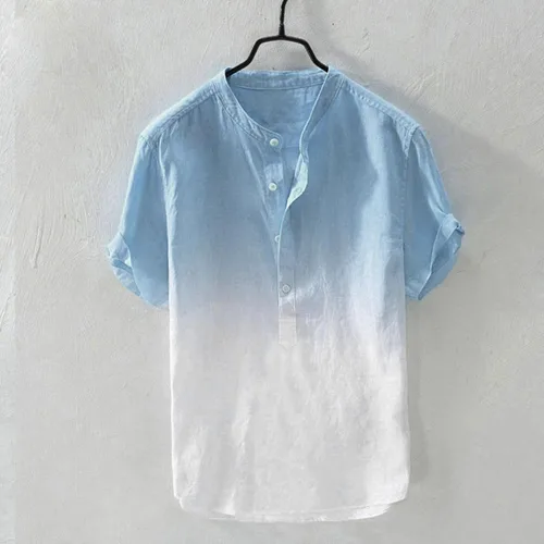 Vista 2 de Jiabing Camisetas de manga corta de algodón y lino con estampado degradado para hombre, cuello de abuelo ligero