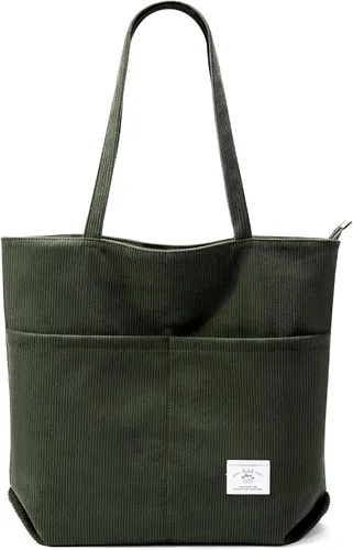 Vista 31 de KALIDI Bolsa Tote de Pana para Mujer con Cremallera Bolsa de Mano Casual Tote Bolsa de Hombro de Gran Capacidad con Bolsillos 1 negro y 1 blanco.