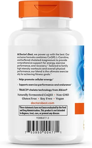 Vista 3 de Doctor's Best CoQ10 L-carnitina suplemento de magnesio – Apoyo de energía y ejercicio para hombres y mujeres, coenzima fermentada naturalmente Q10
