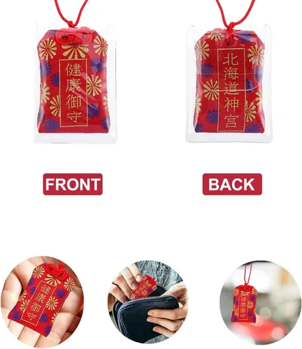 Vista 2 de Amuleto japonés Omamori de buena suerte, bolsita colgante y 5 monedas de Feng Shui chinas, pulsera de 2 monedas para buena suerte y salud