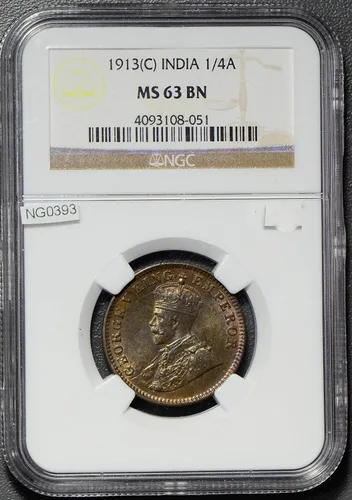 Vista 2 de Collectible Coin NG0393 British India 1913 C 1/4 Anna NGC MS63BN nice purple toning! Calcutta mint