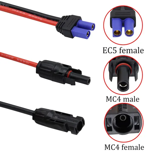 Vista 2 de Cable 10AWG MC-4 a EC-5 Adaptador de panel solar a cable de alimentación EC5 hembra, cable de carga EC5 a batería de litio para batería