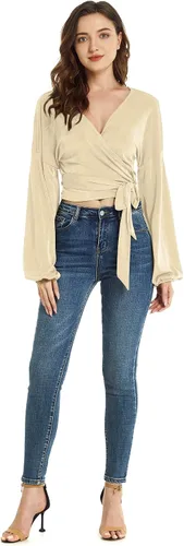 Vista 6 de LYANER Blusa corta de manga larga con cuello en V para mujer, con nudo y nudo