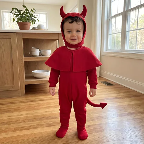 Vista 3 de Disfraz de animal de Halloween para bebé, mameluco con pies y cremallera con sombrero separado Red Devil