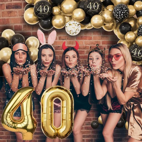 Vista 8 de Decoraciones de 40 cumpleaños para hombres y mujeres, globos de cumpleaños de 40 años negros y dorados para fiesta con pancarta de feliz 40