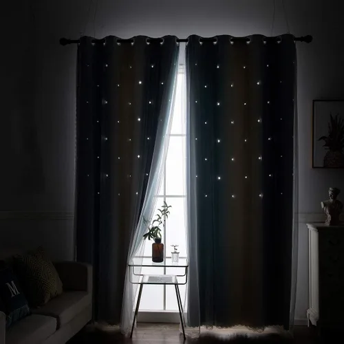 Vista 6 de vctops Cortinas opacas con diseño de rayas degradadas para ventana, de doble capa, de tul, cortinas recortadas con estrellas para dormitorio de Azul