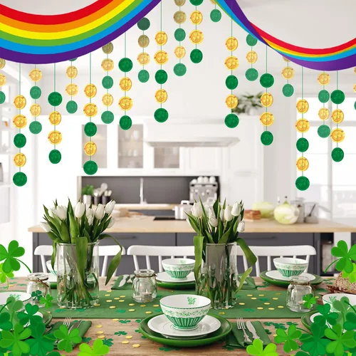Vista 3 de Decoración de techo de arco iris para el día de San Patricio, decoración de techo con decoración de techo de nube de arco iris colgante con monedas