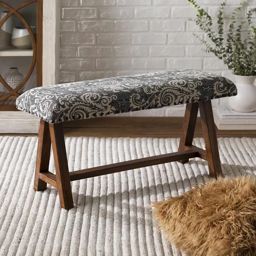 Vista 2 de Hauteloom Bethpage Banco de entrada para dormitorio, taburete de algodón, gris, crema, beige, 34 x 12 x 16 pulgadas