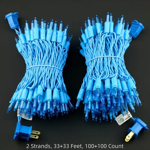 Vista 4 de YULETIME 200 Luces LED Azules de Navidad con Cable Azul, Paquete de 2 Tiras de 33 Pies, 100 Luces, Juego de Luces Navideñas Certificadas UL