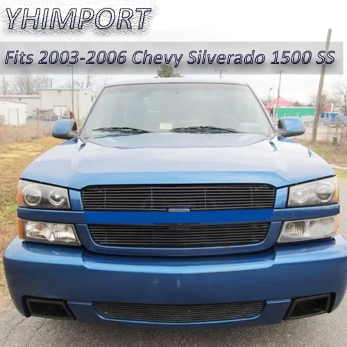 Vista 3 de Parrilla negra compatible con Chevy Silverado 1500 SS 2003 2004 2005 delantero principal superior inferior parachoques Billet rejilla inserción