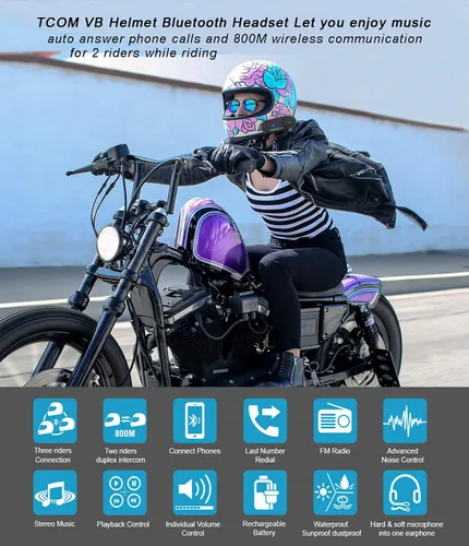 Vista 2 de FreedConn TCOM VB - Auriculares Bluetooth para motocicleta, sistemas de comunicación de casco de 2 vías 800M, casco intercomunicador Bluetooth