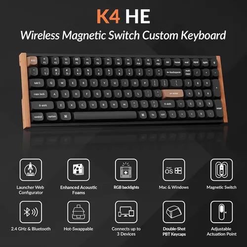 Vista 2 de Keychron K4 HE - Teclado mecánico inalámbrico compacto 96% con efecto Hall con teclado numérico, interruptor magnético, activación rápida, RGB