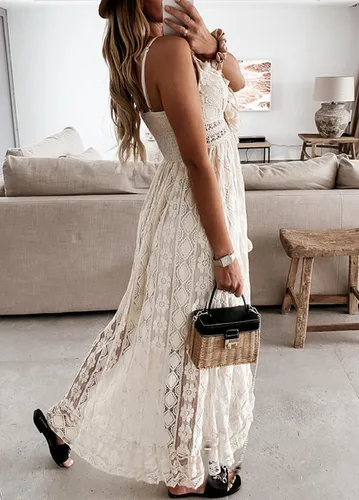 Vista 3 de Vestido de verano para mujer, cuello en V, tirantes delgados, sin mangas, cintura alta, bohemio, para boda, playa, casual, maxivestidos largos
