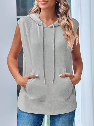 Vista 2 de Fisoew Sudadera sin mangas con capucha para mujer, casual, con cordón lateral, con bolsillos