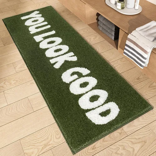 Vista 10 de Alfombra de baño con texto en blanco y negro con texto en inglés "You Look Good", divertida y bonita, decoración de baño, pequeña, fresca