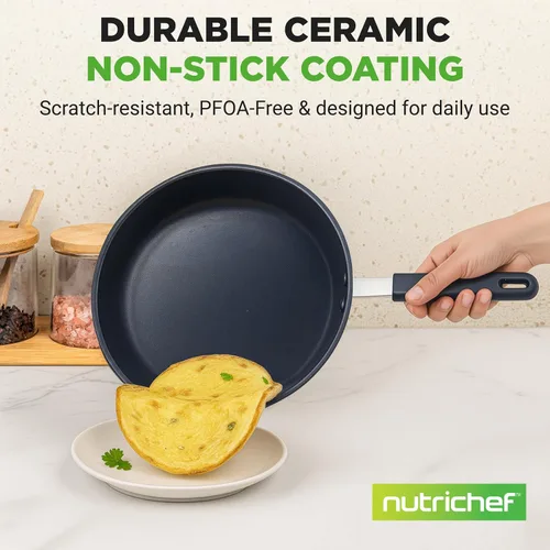 Vista 3 de NutriChef Sartén antiadherente con revestimiento de cerámica de 10 pulgadas, sartén de aluminio con mango de silicona, resistente a las manchas