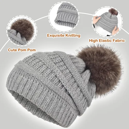 Vista 2 de Conjunto de guantes de gorro holgado para mujer, tejido de invierno, cálido, forro polar con bonito pompón
