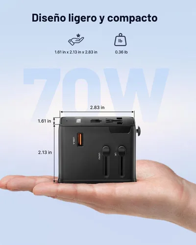 Vista 7 de VINTAR Adaptador de viaje universal de 70W GaN, adaptador de corriente 70W negro