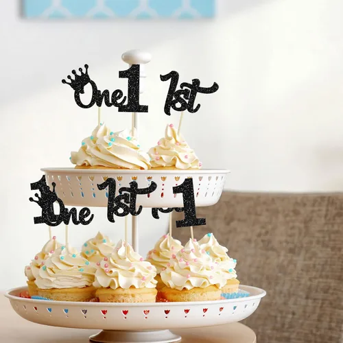 Vista 6 de 24 piezas de adornos para cupcakes de primer cumpleaños con purpurina, decoraciones de pastel de primer cumpleaños, palillos para cupcakes "One