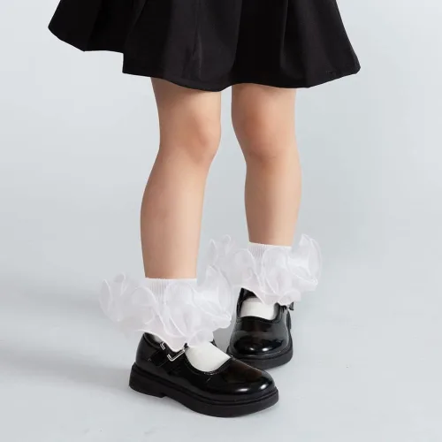 Vista 5 de Calcetines de doble volantes para niñas pequeñas, con ribete de encaje con volantes, color blanco, con tutú, 3 pares