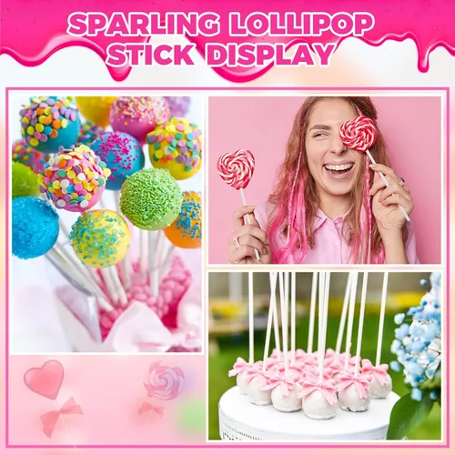 Vista 4 de 300 piezas de palitos para pastel pop y envolturas, palitos para pastel pop de 15 cm con lazos para caramelos, chocolates, galletas y dulces