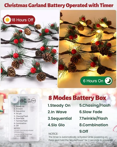 Vista 4 de Guirnalda de Navidad con luces, cadena de piñas de 7 pies con bayas rojas, agujas, 20 luces LED C6 de Navidad, funciona con pilas, guirnalda