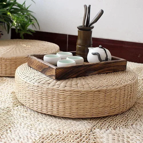 Vista 3 de HUAWELL Tatami - Cojín de suelo para sentarse, acolchado redondo, tapete de paja para asiento al aire libre (paquete de 2 tamaños más grandes)