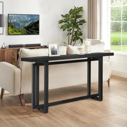 Vista 6 de Mesa de sofá de 59.05 pulgadas para sala de estar, mesa consola Morden, mesa rectangular estrecha de madera maciza con patas de madera de goma
